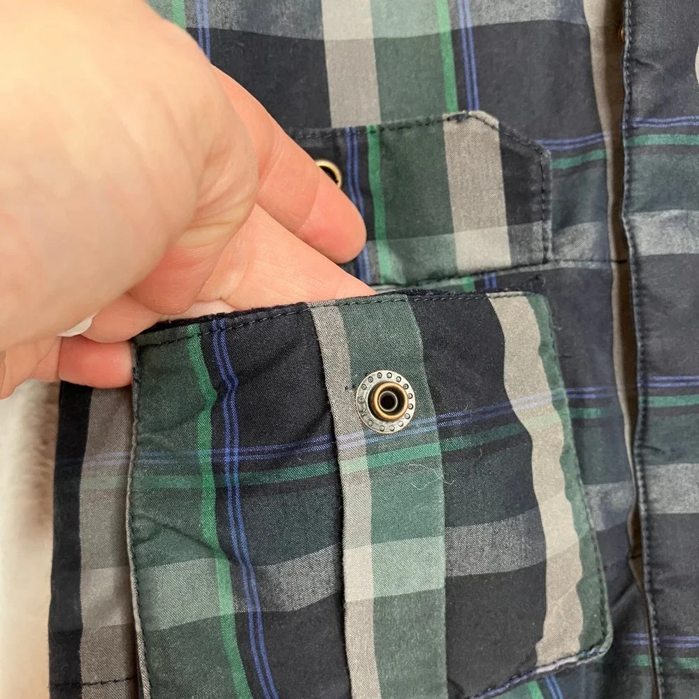 Jacadi Paris Hooded Puffer Jacket Navy &‎ Green Plaid Winter Outerwear 18 Months